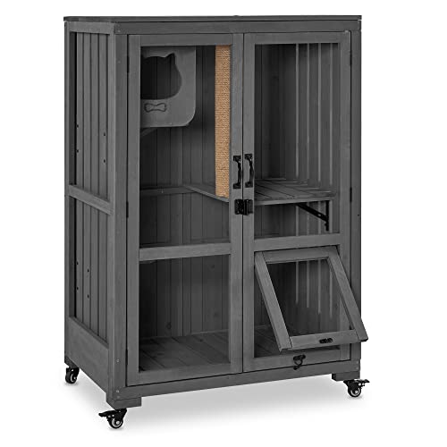 MCombo Luxury Cat House with Scratching Post, Wooden Multi Feature Large Cat Condo with Escape Door and Wheels