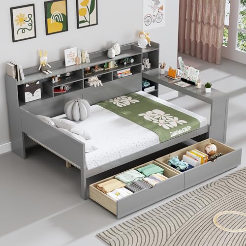 Bellemave Twin Corner Bed Frame with Storage Shelves and Desk, Wood Twin Size Daybed with Bookcase and Drawers and Storage, Gray