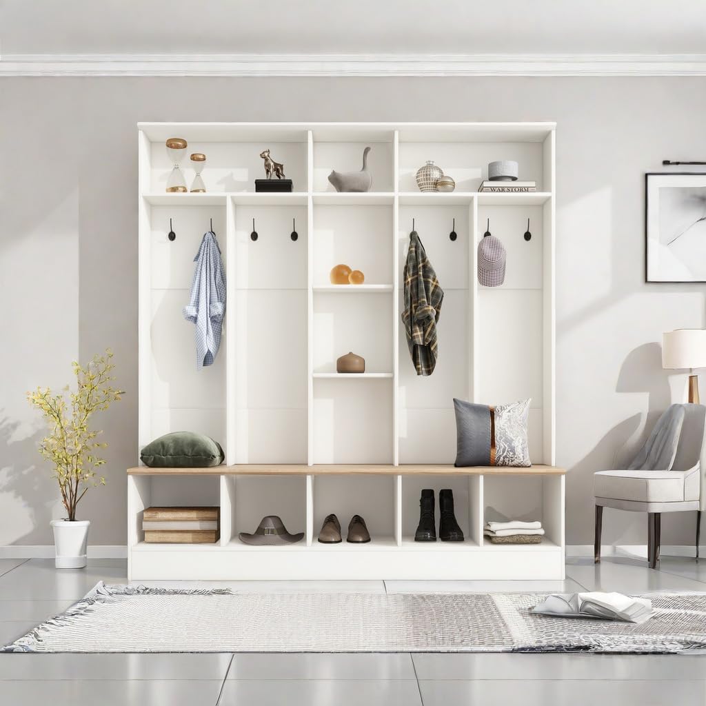 Multifunctional Coat Rack with 8 Hooks for Entryways, Wide Design Hall Tree with Storage Bench, Minimalist Shoe Cabinet with Cube Storage & Shelves