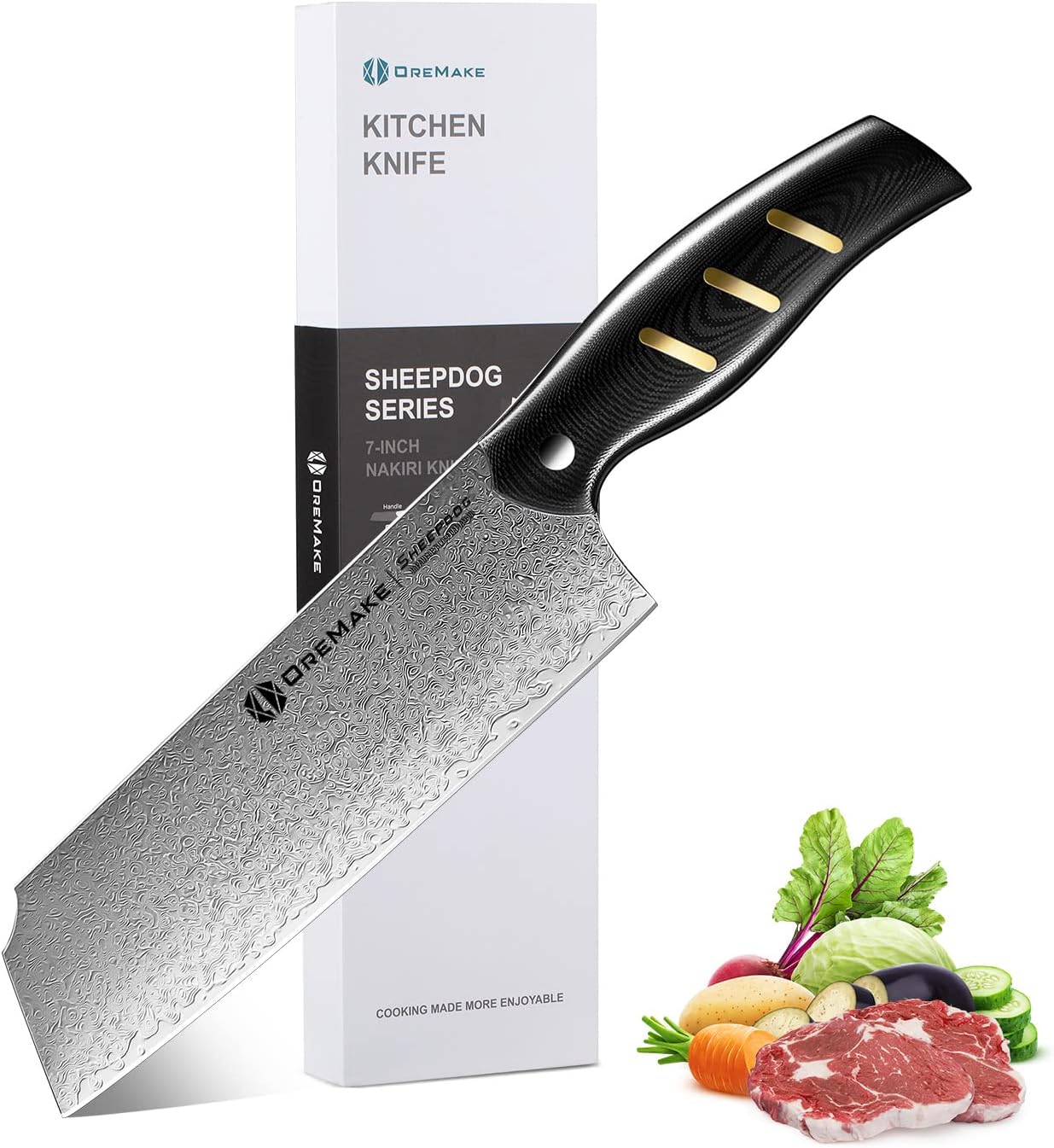 Chef's Knife, OREMAKE 7-INCH NAKIRI Kitchen Knife, Japanese Damascus Steel 69-Layer Forged, With High Carbon Content
