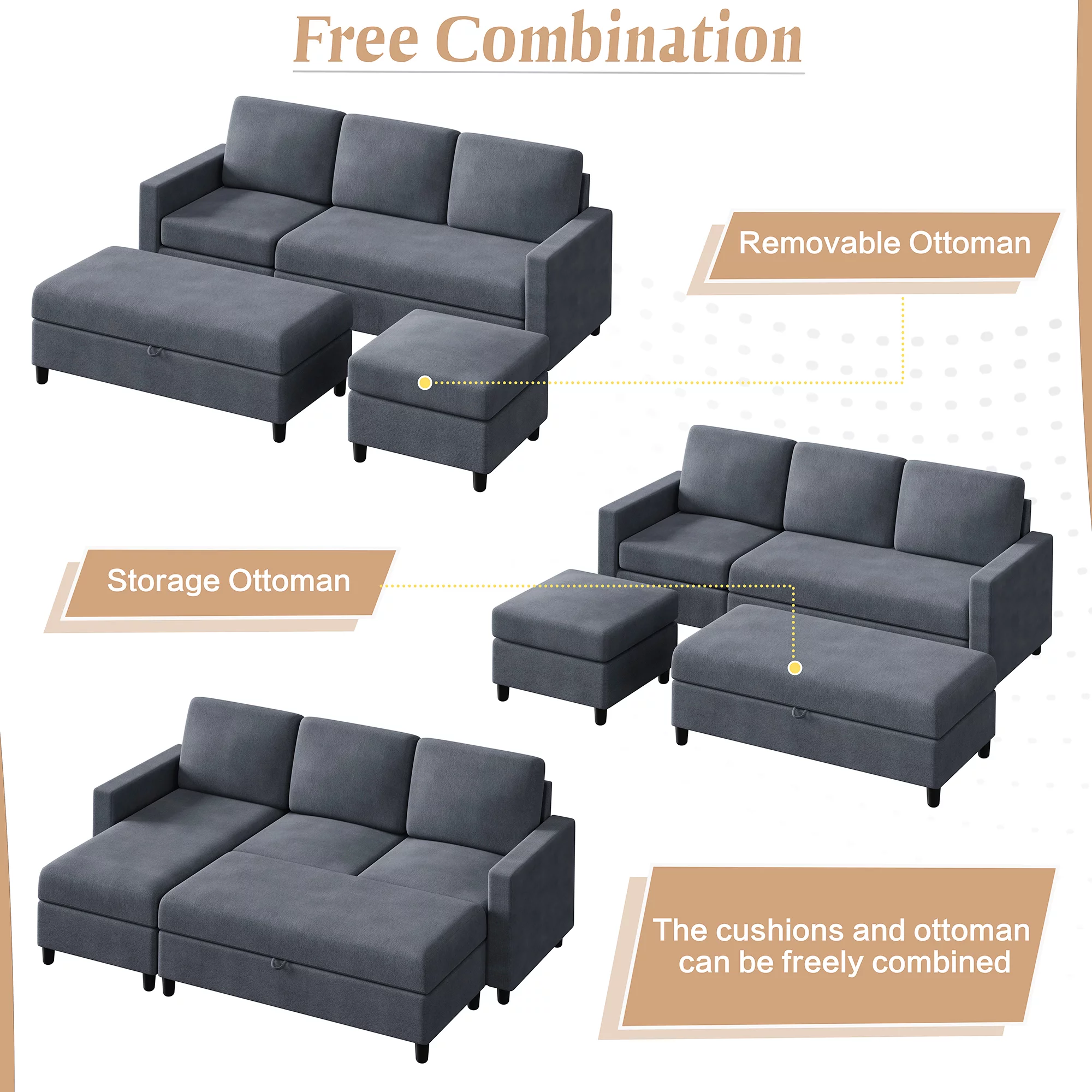 Convertible Sectional Sofa Couch with Storage Ottoman, L-Shaped Wide Reversible Chaise with Linen Fabric(Deep Grey) - Radiant Selections