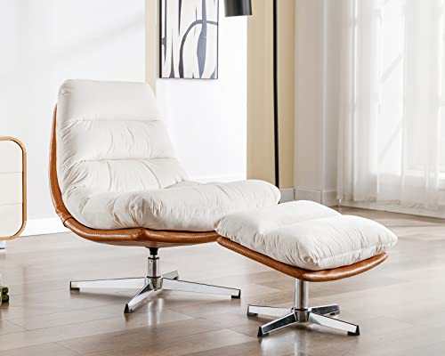 Modern Swivel Accent Chair with Ottoman Set, PU Leather Oversized Armless Reading Chair with Footrest