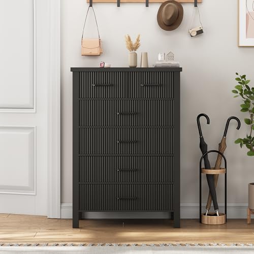 Fluted 6 Drawers Dresser for Bedroom, Tall Boho Chest of Drawers with Metal Handle, Wooden Closet Clothes Storage Organizer for Living Room