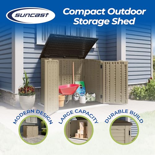 Suncast Horizontal Shed, Compact Outdoor Storage System, 34 Cu. Ft. Capacity, Sand & Slate - Lockable Multi-Wall Resin Organizer for Garbage Cans