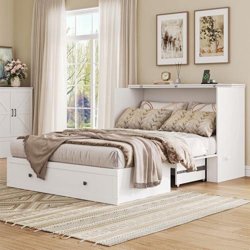 Queen Murphy Bed with Storage & Charging Station, Murphy Cabinet with Foldable Panel, Noisy Free, for Guest Bedroom, Living Room, Office