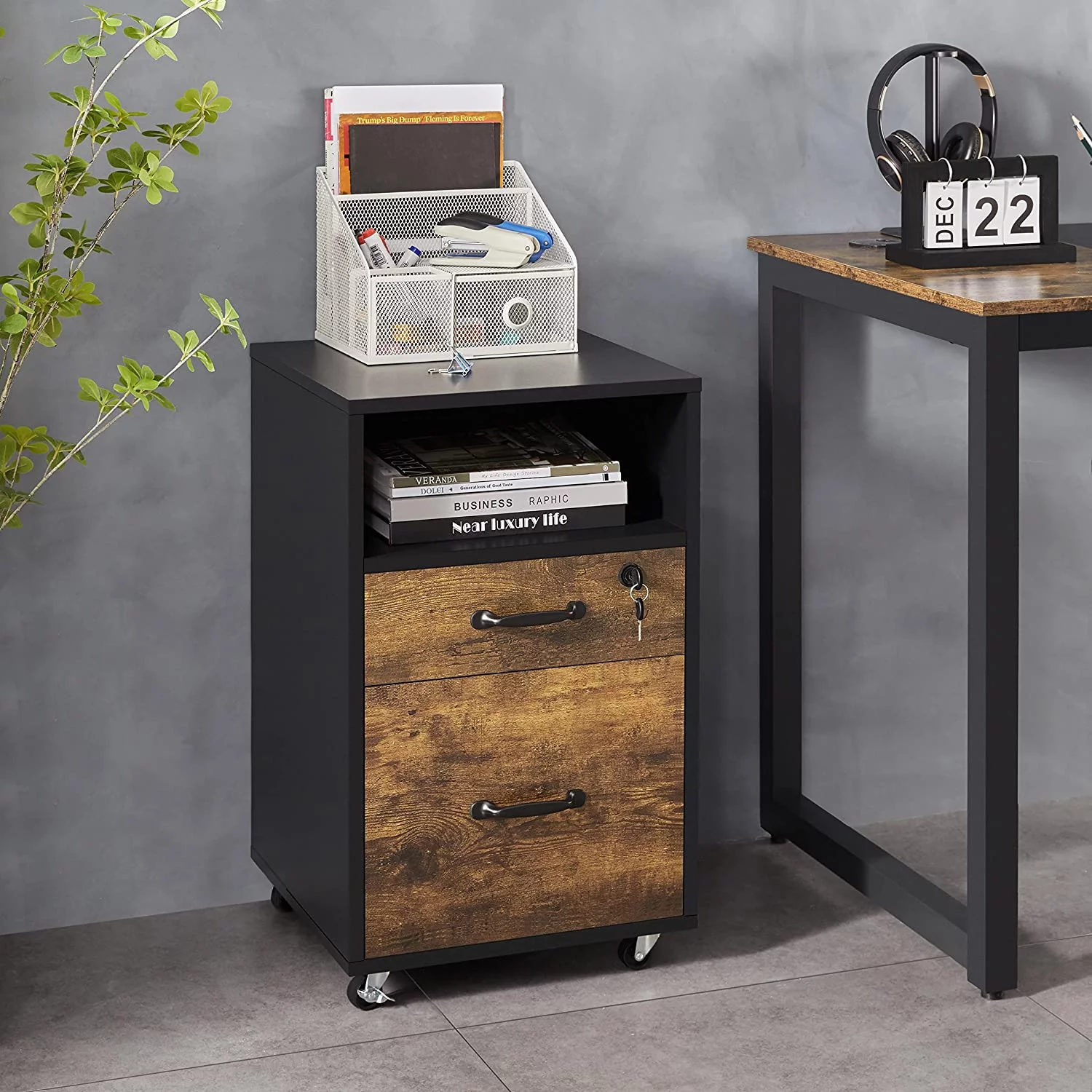 Filing Cabinet with 2 Drawers and Open Compartment,Under Desk Vertical File Cabinet with Lockable Wheels for A4