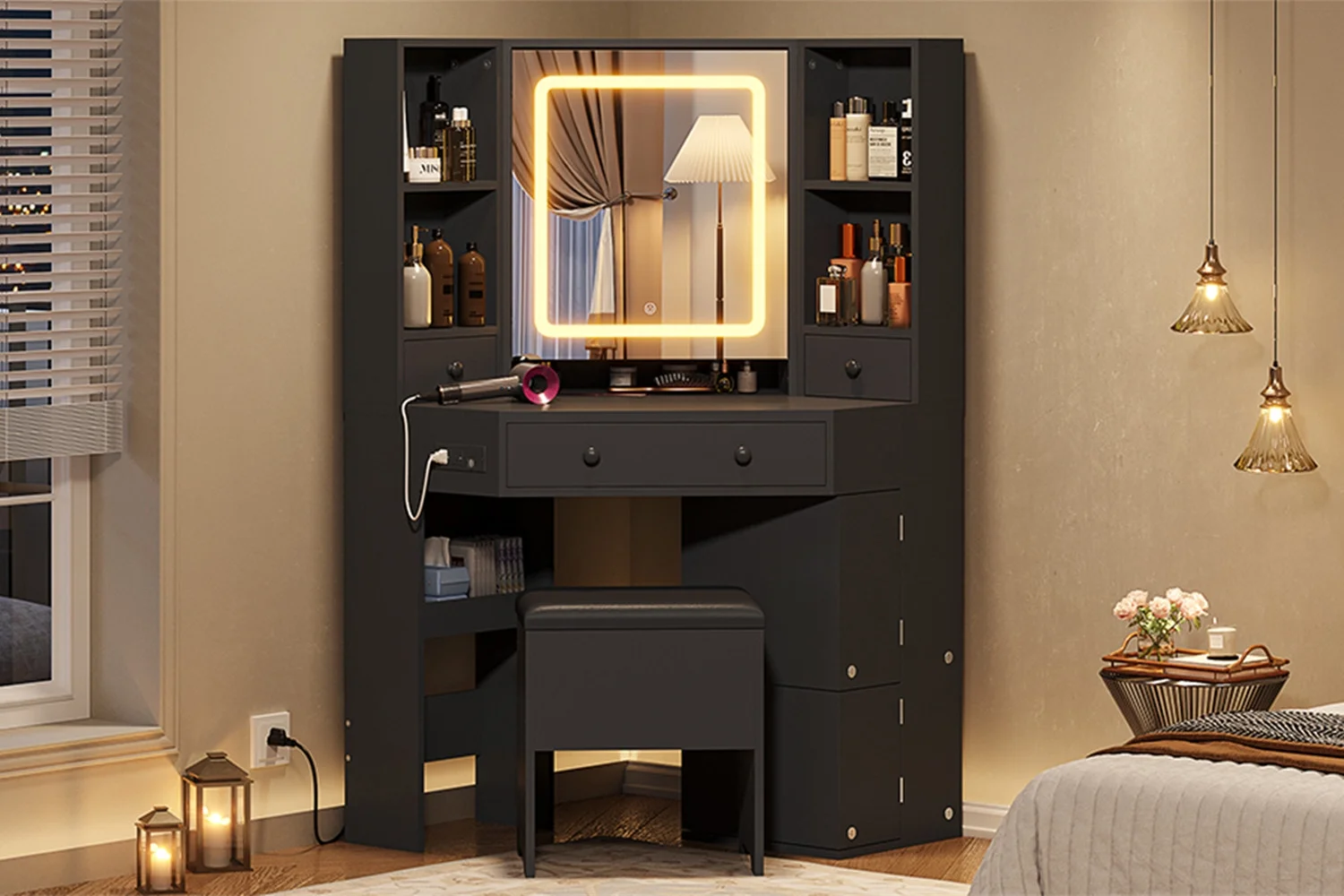 Corner Vanity Desk with LED Lighted Mirror & Rotating Shelves & Charging Station,Makeup Vanity Set with Mirror and Storage Stool