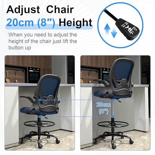 Primy Drafting Chair Tall Office Chair with Flip-up Armrests Executive Ergonomic Computer Standing Desk Chair with Lumbar Support and Adjustable