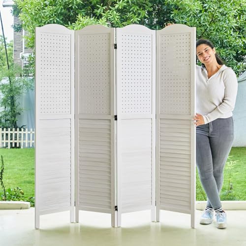 Room Divider Freestanding Folding Pegboard Privacy Screen | 4-Panel Display Stand for Jewelry, Craft Shows, Retail | Natural Wood