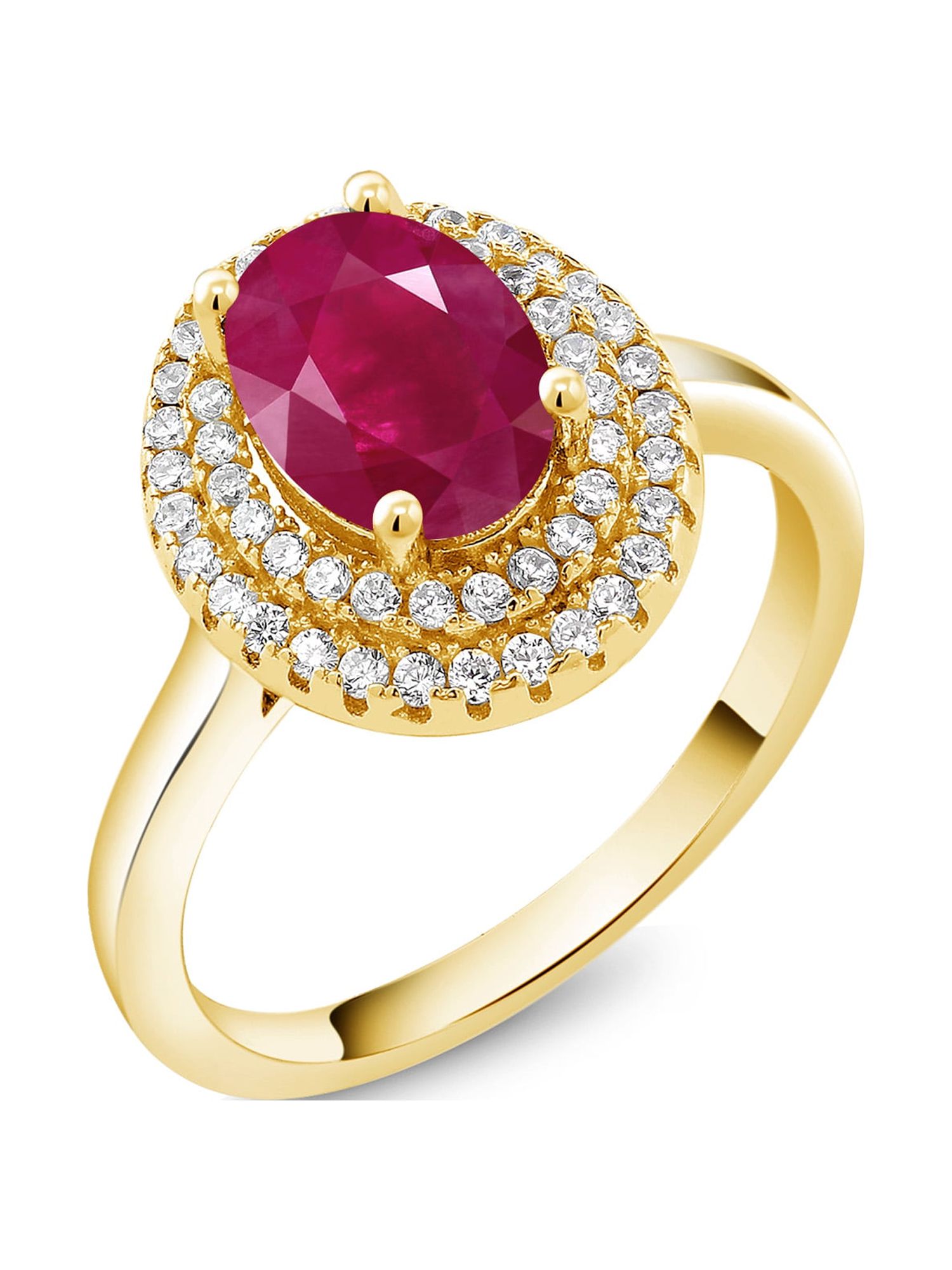 Gem Stone King 18K Yellow Gold Plated Silver Oval Red Ruby Halo Engagement Ring For Women (2.80 Cttw, Gemstone July Birthstone, Oval 8X6MM, Size 9)