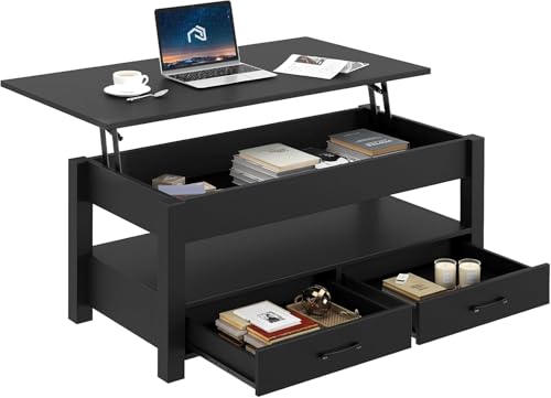 Rolanstar Coffee Table, Lift Top Coffee Table with Drawers and Hidden Compartment, Retro Central Table with Wooden Lift Tabletop, for Living Room