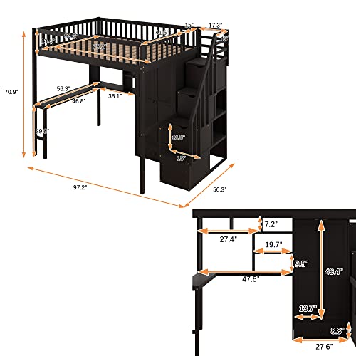 Twin Loft Bed with Staircase, Desk and Wardrobe, Wood Loft Bed with Storage Shelves and Safety Guardrail