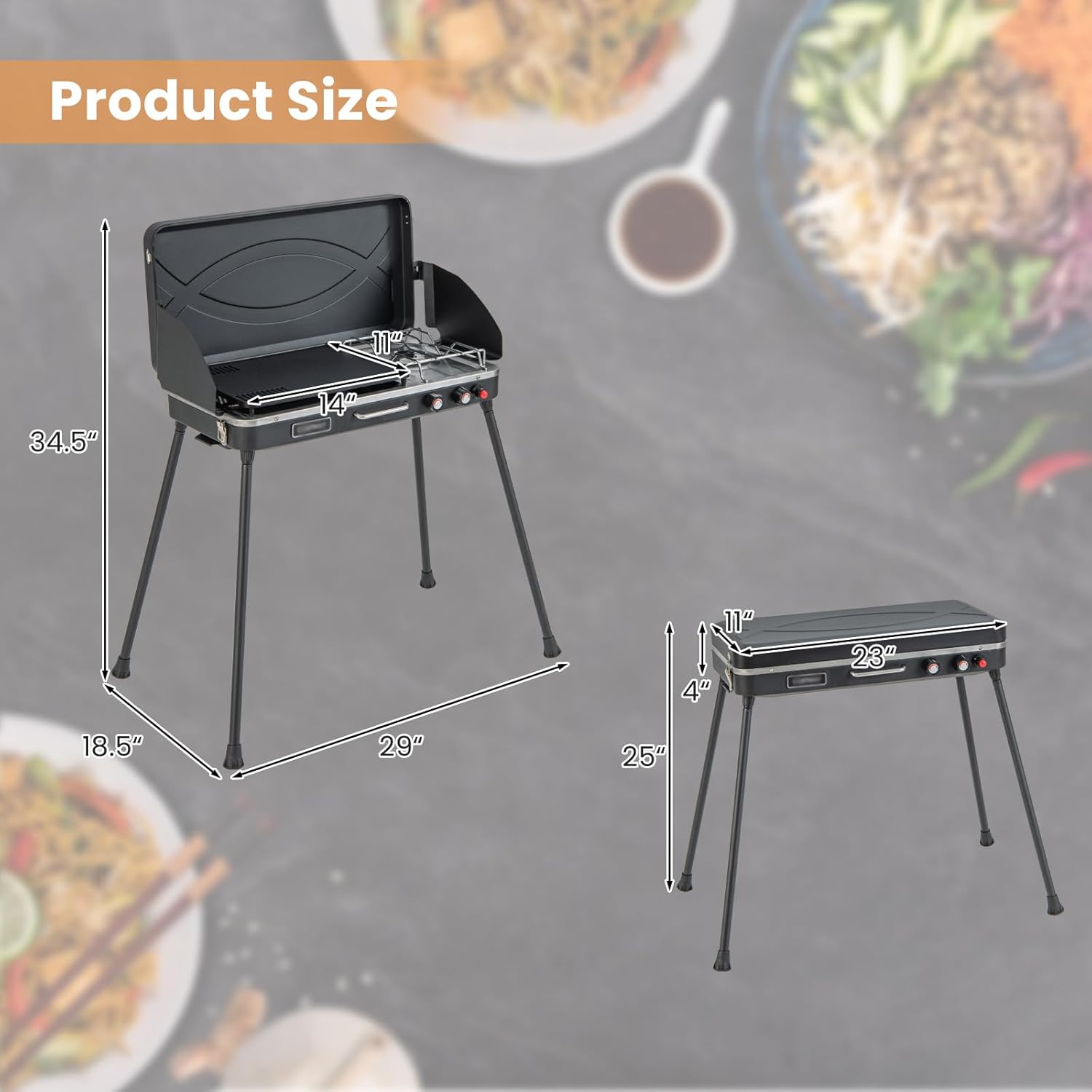 HAPPYGRILL 2-Burner Propane Camping Stove, Portable Gas Grill Cooker with Removable Leg Stand, Roast Grill, Dual Control Knobs, Wind Guards