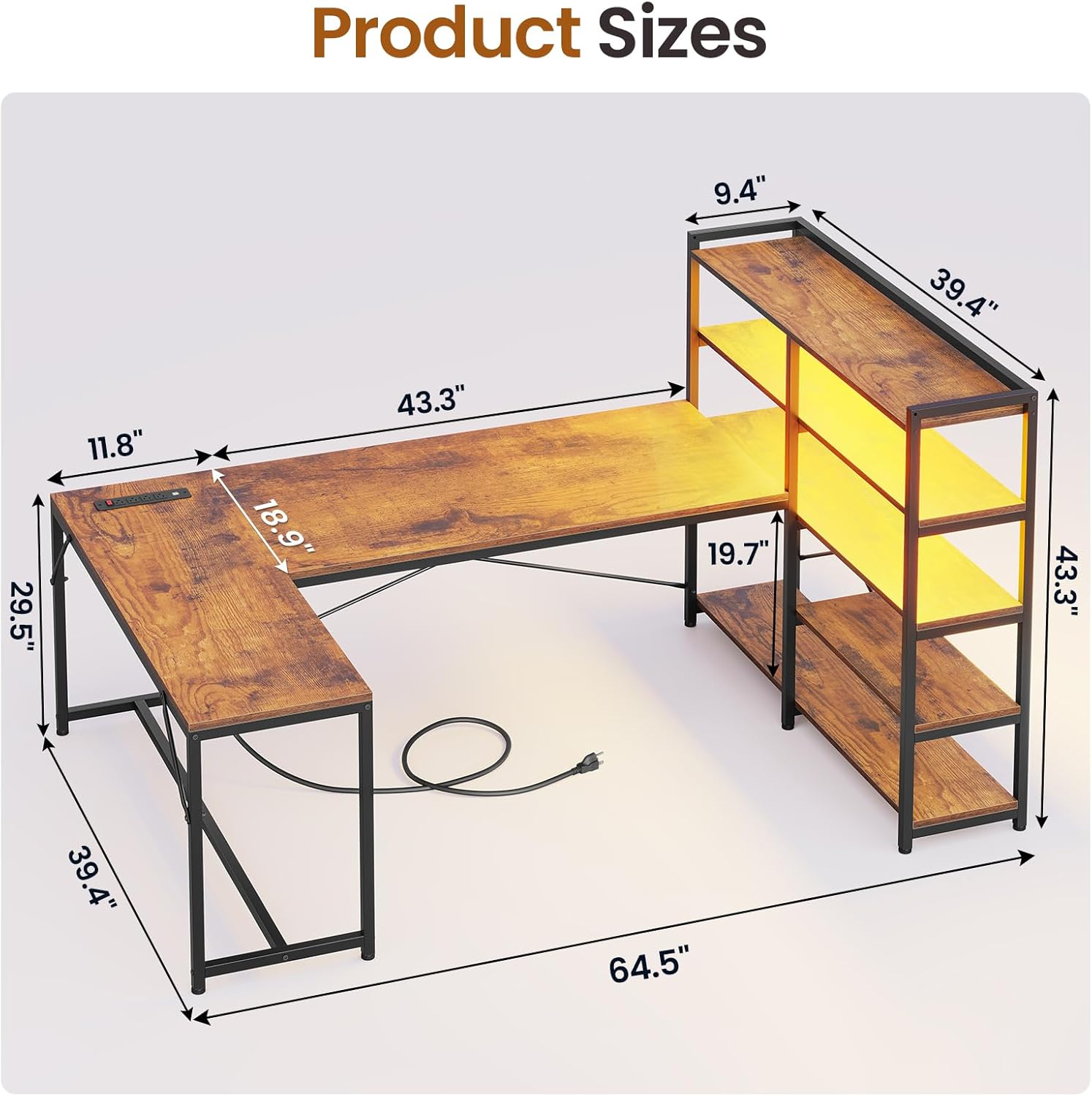 SEDETA L Shaped Computer Desk, 64.5'' Reversible U Shaped Office Desk with Storage Shelves & Power Outlet, L Shaped Gaming Desk with LED Light