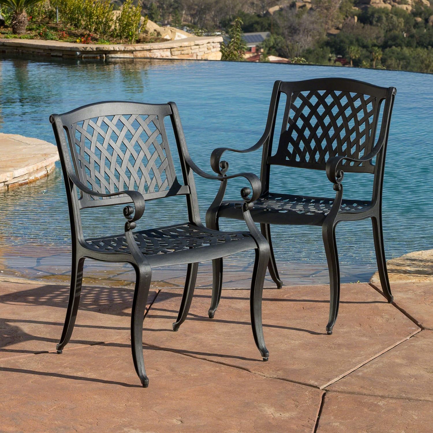 Christopher Knight Home Hallandale Outdoor Cast Aluminum Chairs, 2-Pcs Set, Black Sand