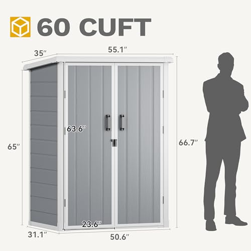 DWVO 60 Cuft Outdoor Tall Storage Shed with 2 Shelves, Weatherproof Vertical Tool Shed with Floor & Lockable Doors