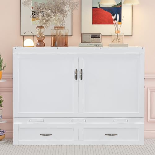 Harper & Bright Designs Queen Size Murphy Bed Cabinet Wall Bed Chest with USB, Charging Station and Large Storage Drawer for Home Office (White)