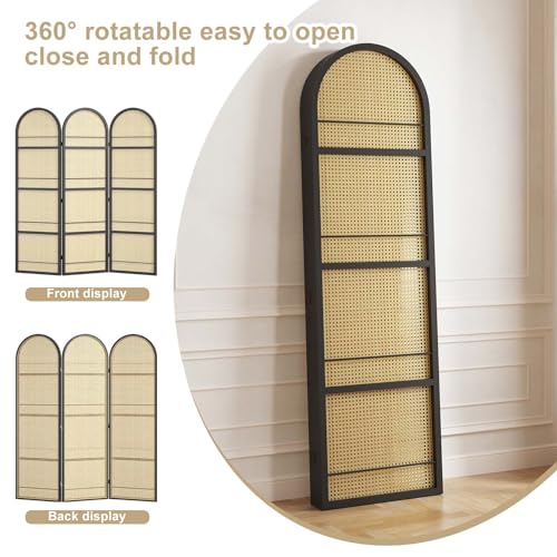 Room Divider and Folding Privacy Screens, Pine Wood 5.6 Ft Double Hinged Rattan Partition Freestanding Wall Room Divider for Home - 3 Panels