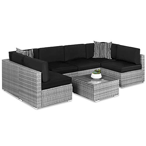 Best Choice Products 7-Piece Modular Outdoor Sectional Wicker Patio Conversation Set w/ 2 Pillows, Coffee Table, Cover Included - Gray/Navy