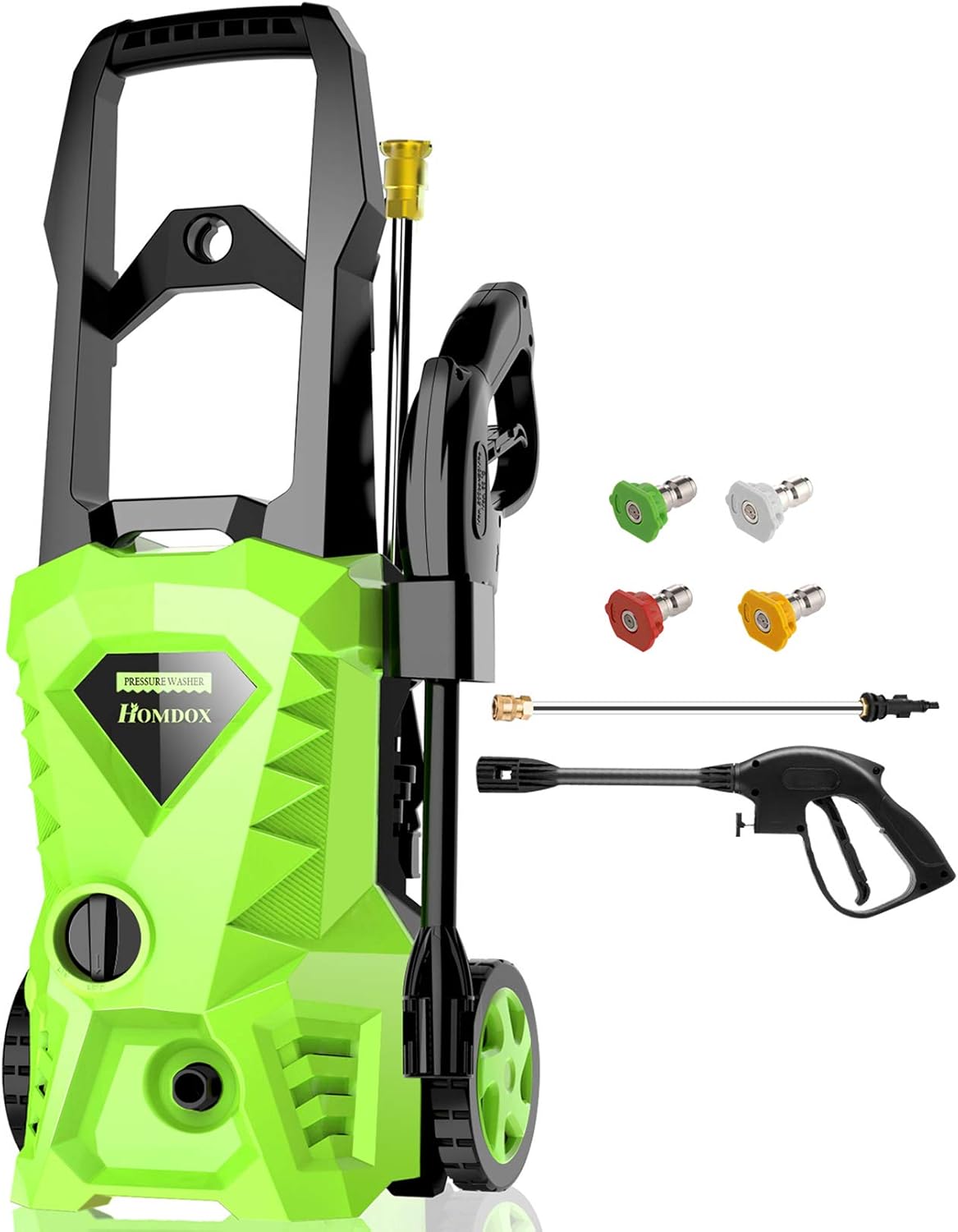 Homdox 1.72GPM Pressure Washer 1500W Electric Power Washer with 5 Nozzles,Longer Cables and Hoses,for Cleaning Cars, Driveways, Garden (Green)