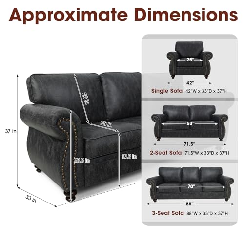 Mid-Century Vintage Sofa Couches with Rivet Design,3-Seater Sofa,Removable Sofa Cover Upholstered Cushions and Solid Wood Frame (Brown, 3-Seater)