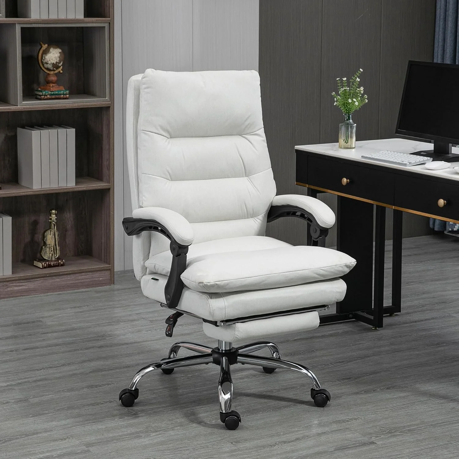 Microfibre Executive Massage Office Chair, Computer Desk Chair, Heated Reclining Chair With Footrest, Double-Tier Padding, Swivel Wheels, Cream White