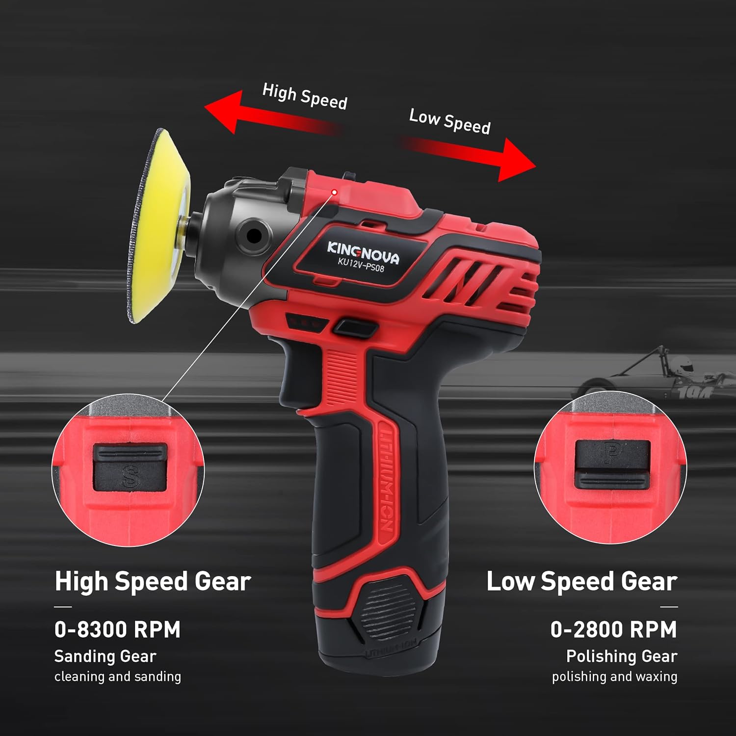 KINGNOVA 12V Cordless Buffer Polisher for Car Detailing Variable Speed 2 in 1 Polisher & Sander 2.0Ah Battery & Fast Charger 0-2800/8300 RPM Buffer