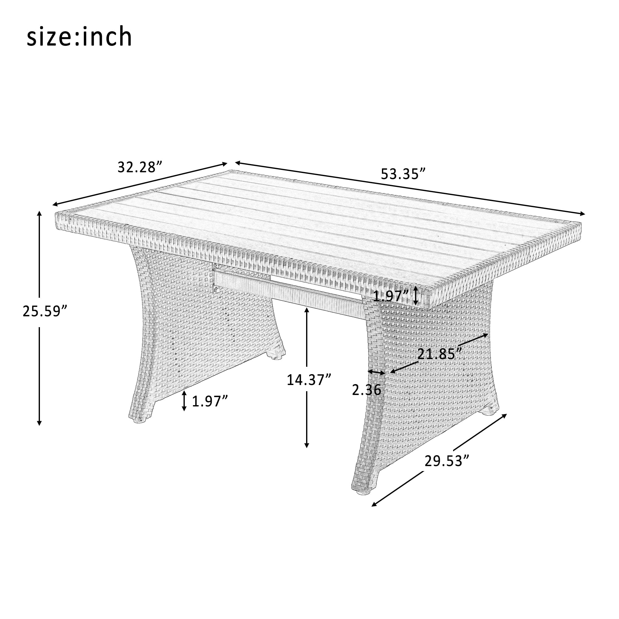 Outdoor 4-Piece Conversation Sofa Set, Patio Wicker Rattan Sectional Furniture Dining Sets with Wood Table Armchairs and Dark Gray Cushions