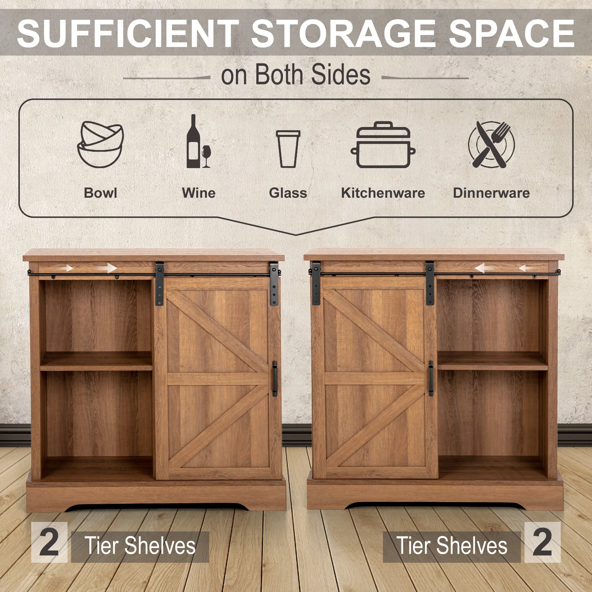Sophia&William Farmhouse 32'' Sliding Barn Door Accent Storage Cabinet Sideboard-Brown