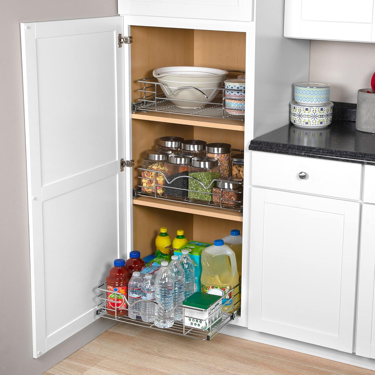 Heavy Duty Pantry Pull Out Cabinet Organizer Basket 5” High –5 Year Limited Warranty- Slide Out Drawer Shelf for Pots, Pans, Cans, jars, Canisters