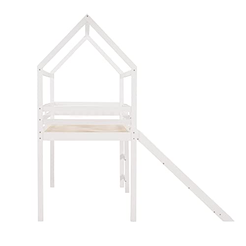 Merax Twin Over Twin House Bunk Bed Frames with Slide and Storage Staircase, No Box Spring Needed, White