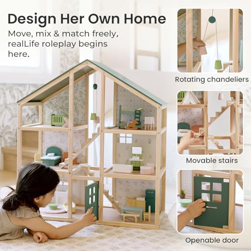 Tiny Land Wooden Dollhouse for Girls - 6 Rooms Wooden Doll House, DIY Pretend Doll House with 31Pcs Furniture Accessories