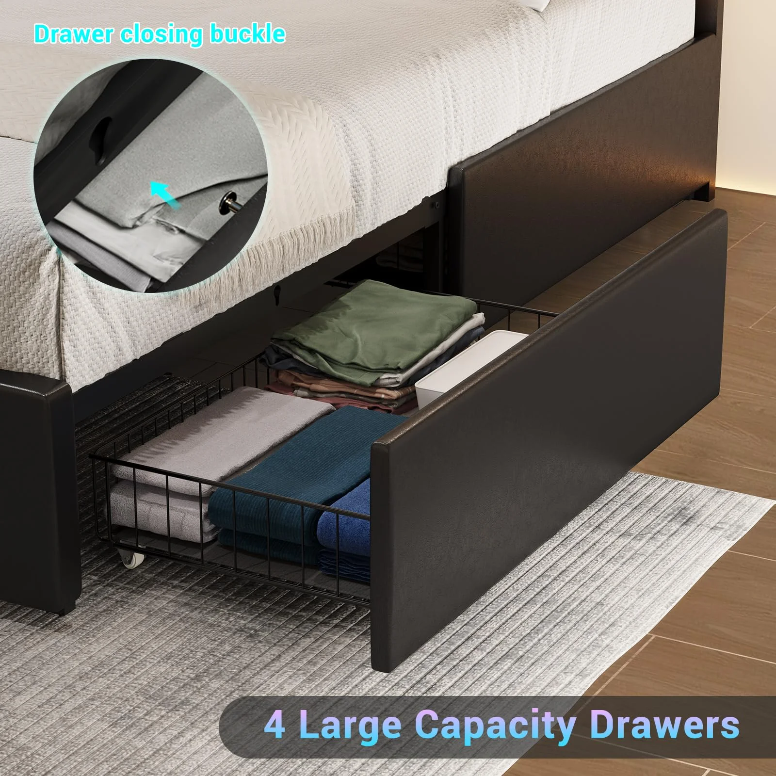 King Size Bed Frame with 4 Storage Drawers and Adjustable Headboard,Upholstered Platform Bed with USB Port Charging Station and LED Light