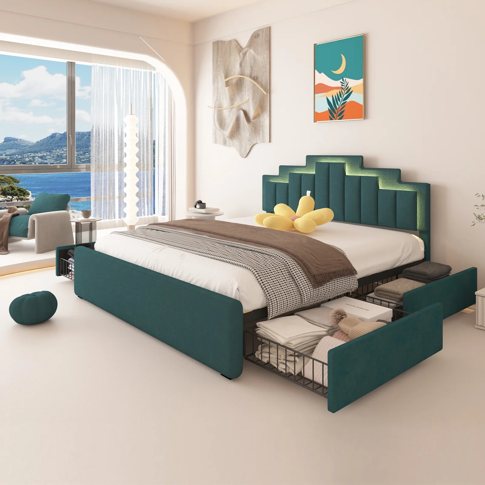 Kallabe Queen Size Bed Frame with Adjustable Headboard, Upholstered Platform Bed with 4 Stoarge Drawers and LED Lights, Luxurious Velvet 60,000 Color
