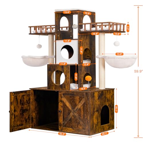 Heybly Cat Tree with Litter Box Enclosure for Indoor Big Cat, Cat Tower for Large Cats 20 lbs Heavy Duty