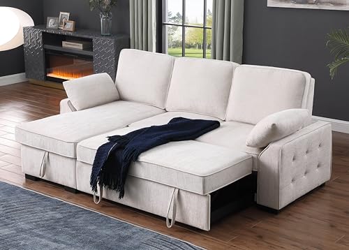 L-Shaped Pull Out Sleep Sofabed,Modern Reversible Sleeper Sectional Sofa Chenille Upholstered Button Tufted Decor with Storage Chaise