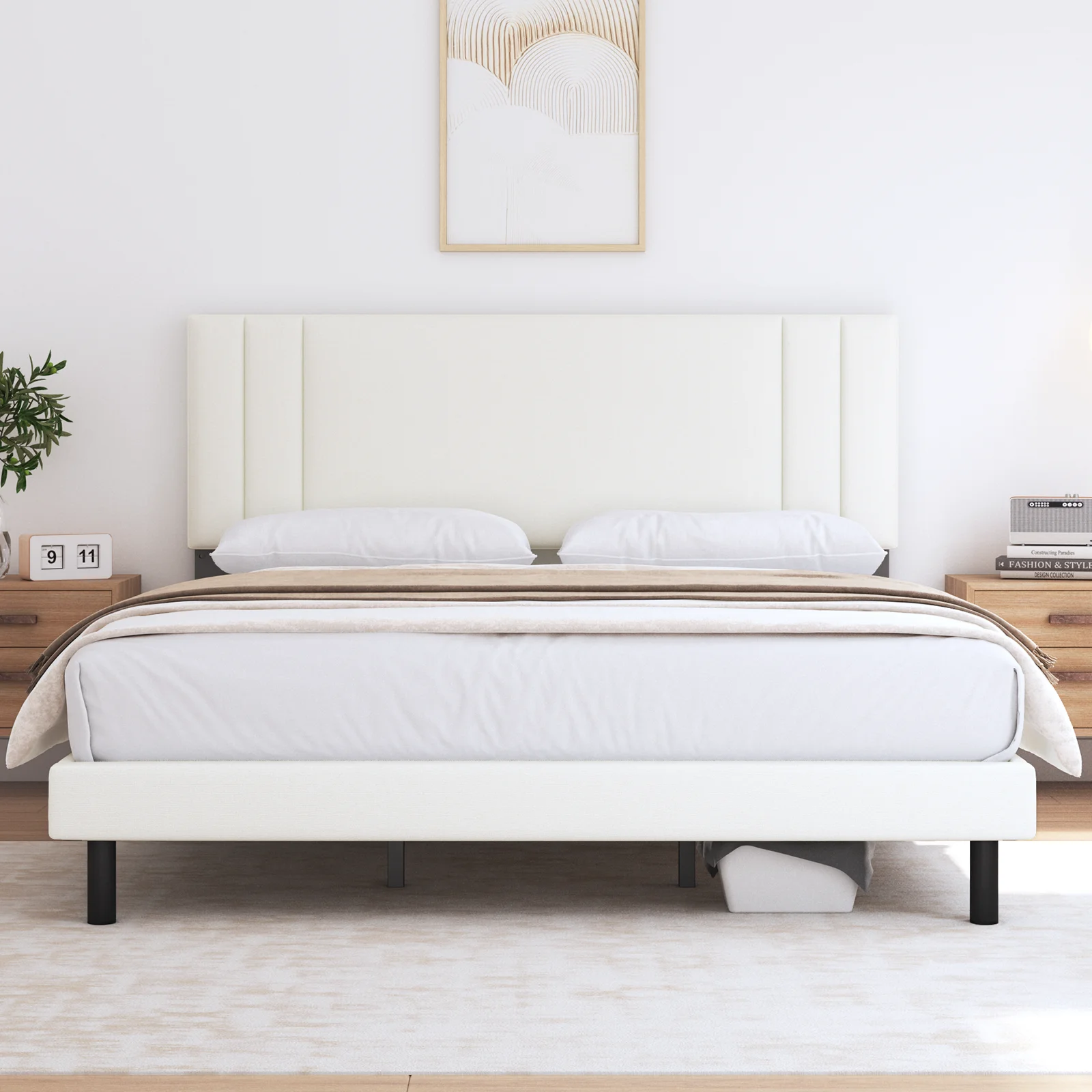 Full Bed Frame,HAIIDE Full Size Platform Bed Frame with Fabric Upholstered Headboard,No Box Spring Needed,Beige