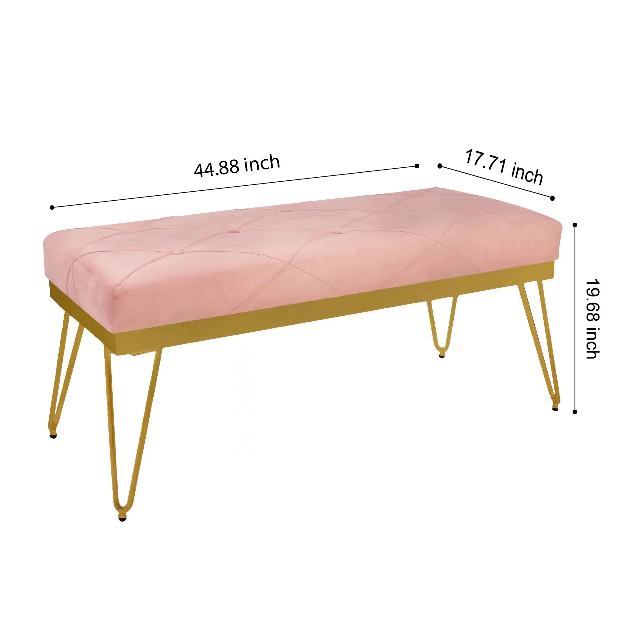 Leejay 44 inch Pink Velvet Bedroom Bench for End of Bed,Kitchen Dining Room Bench with Golden Leg