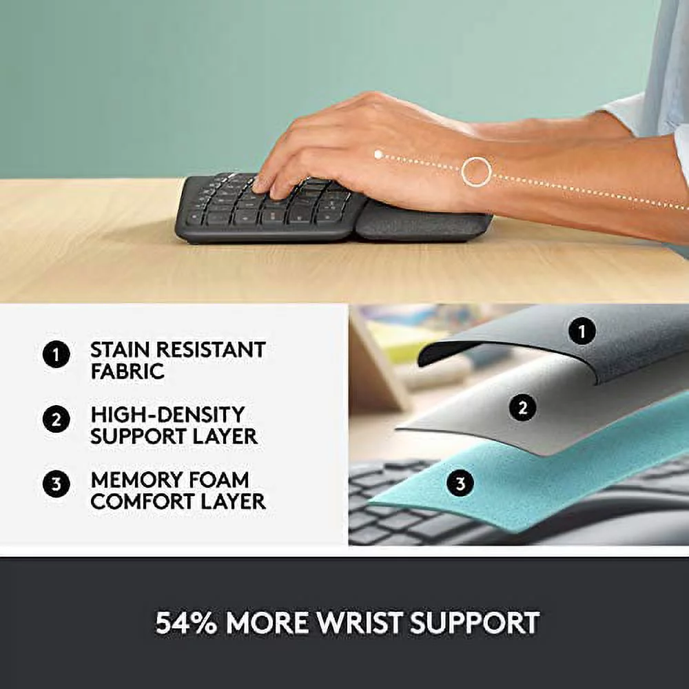 Logitech Ergo K860 Wireless Ergonomic Keyboard with Wrist Rest - Split Keyboard Layout for Windows/Mac, Bluetooth or USB Connectivity