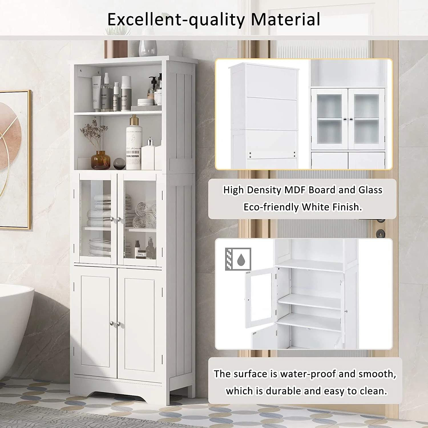 WANHUI, White Storage Cabinet with Glass Doors, Open Bookcase, Pantry Cupboard, Freestanding Organizer Display for Bathroom, Kitchen, Office