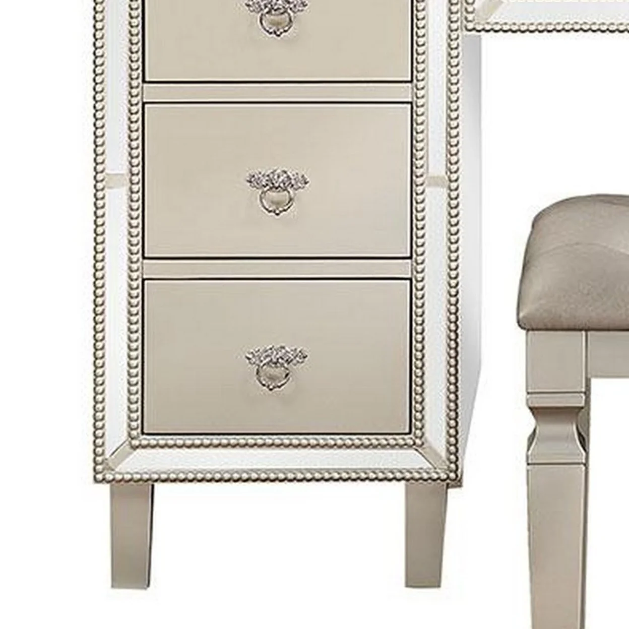 Sosi 47 Inch Vanity Desk Set Padded Stool Mirror Inlaid Drawers Silver