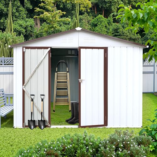 8x6 FT Outdoor Storage Shed, Metal Tool Shed with Lockable Doors, Peaked Roof & Frame Floor
