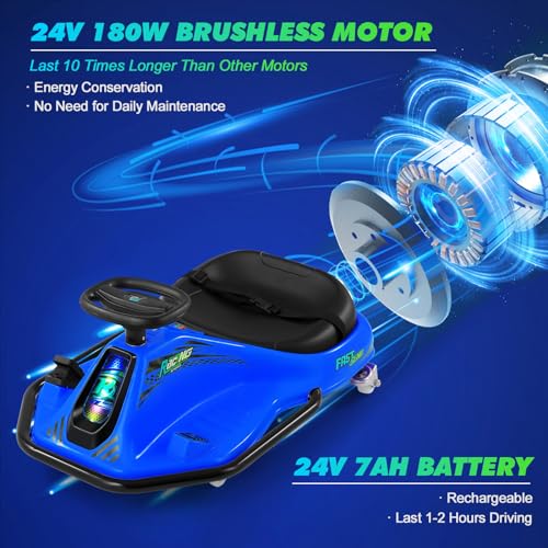 360 Degrees Rotating Ride On Drift Car and 2 Replacement Universal Wheels, 24V Electric Drifting Go Kart for Kids W/Brushless Motor, High/Low Speed
