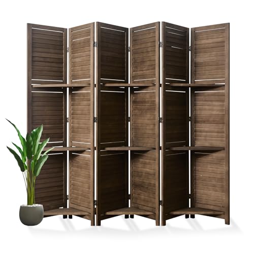 Room Divider with Shelves, 5.6 Ft Tall Folding Wood Screen with Double Hinges for Home Office Bedroom Hotel Decoration (6 Panels, Brown)