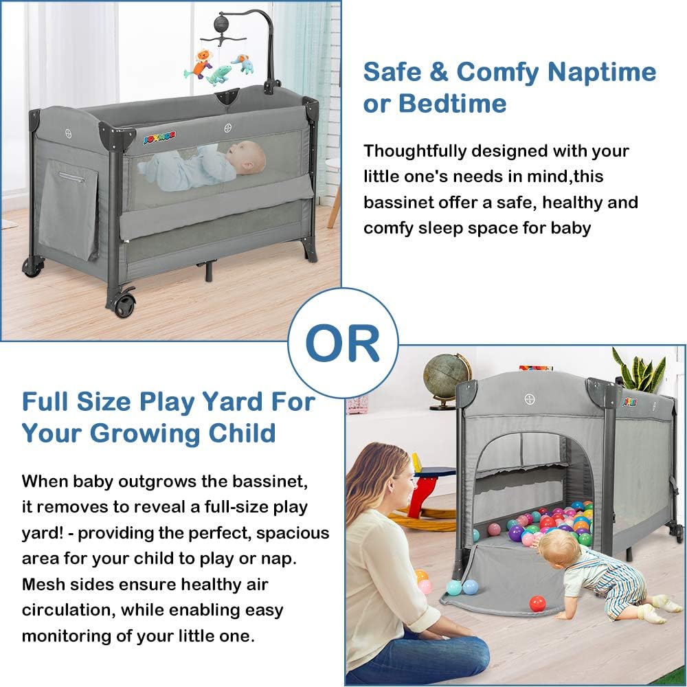 JOYMOR 3 in 1 Baby Bedside Sleeper, Bed Side with Mattress, Convert to Bassinet, Bedside Sleeper, Playpen, Quick Foldable Travel Bassinet Bed