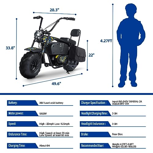 Oryxearth Electric Mini Dirt Bike, 36V Battery 1000W Motor Electrical Powered Motorcycle for Kids, 2 Speeds-15.5MPH/22 MPH, 2 Hanging Bags