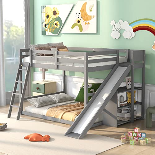Full-Over-Full Castle Style Bunk Bed with 2 Drawers and 3 Shelves, Wood Bunk Bed Frame with Slide and Storage Staircase for Kids Teens Boys Girls