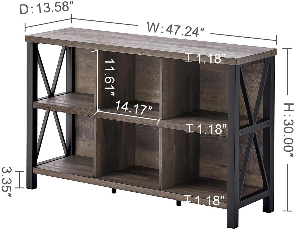 FATORRI Rustic 6 Cube Storage Organizer with Shelf, Wood and Metal Cubby Bookcase, Industrial Horizontal Bookshelf (Walnut Brown, 47 Inch)