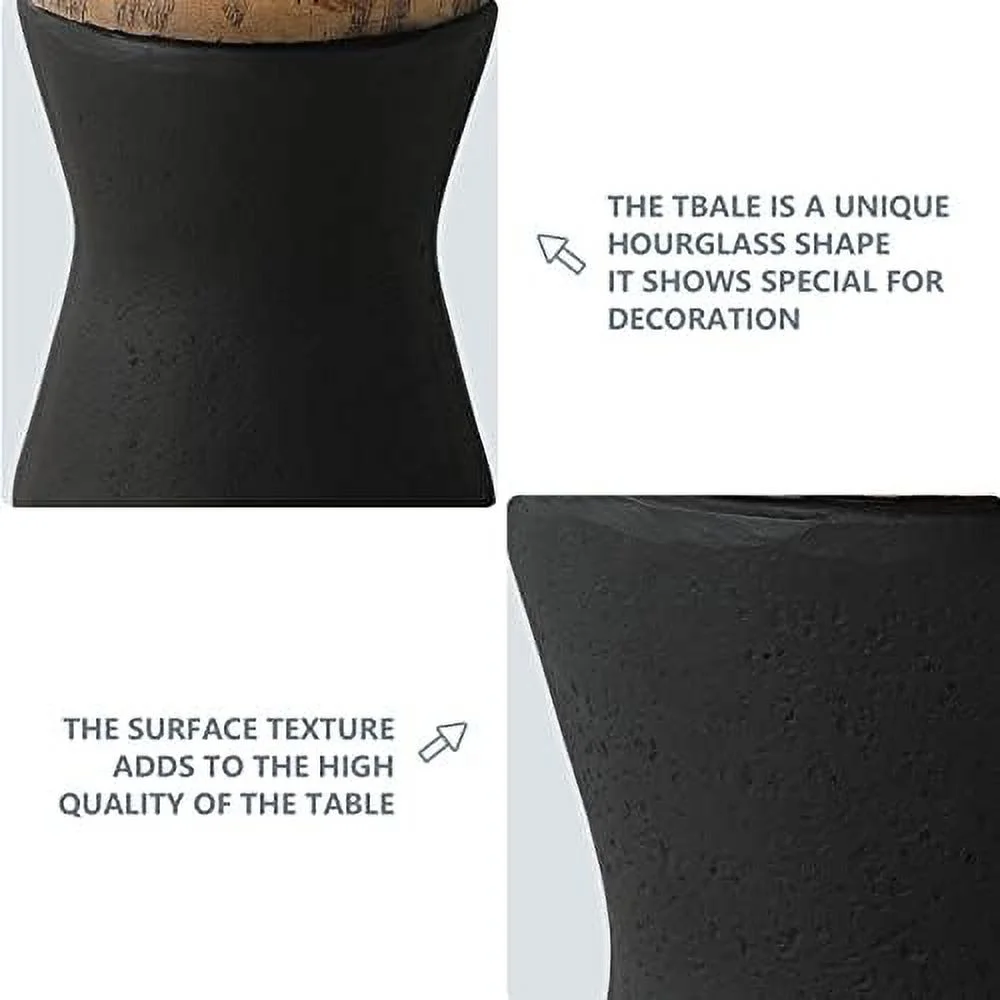 Drum End Table Cylinder Shaped Concrete Side Table Faux-Wood Top  Black Outdoor Accent Table with Tree Trunk Slice Hand Painted  Accent Stool