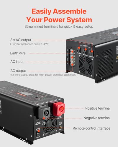 VEVOR Pure Sine Wave Inverter Charger, 2000 Watt, DC 12V to AC 120V, Battery Charger with LCD Display, Remote Control